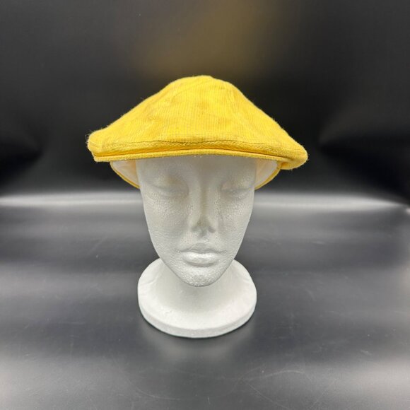 Yellow Hat Flat Cap Newsboy Cabbie Dobbs USA Yellow Gray Stripe Irish Linen L/XL - Picture 2 of 9